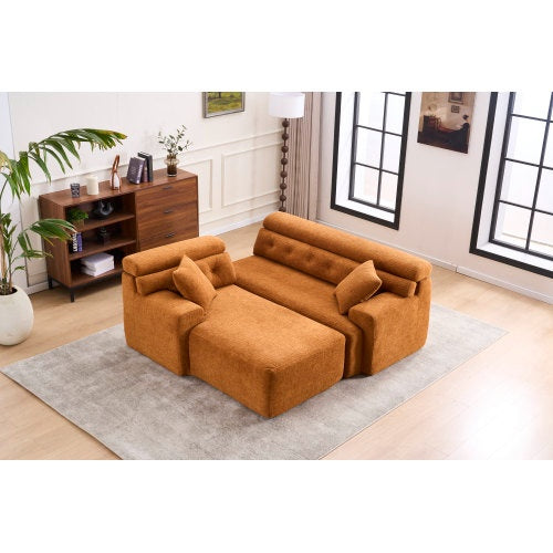 US Local LY-029B WHITE COMPRESSION SOFA Combining Chaise Longue With 3-seater  Wood Grain Chenille Fabric, Full Sponge Compression Sofa,combined Sofa With 2 Pillows For Living Home Furniture