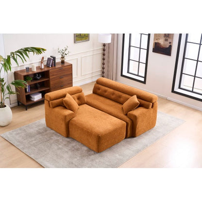 US Local LY-029B WHITE COMPRESSION SOFA Combining Chaise Longue With 3-seater  Wood Grain Chenille Fabric, Full Sponge Compression Sofa,combined Sofa With 2 Pillows For Living Home Furniture