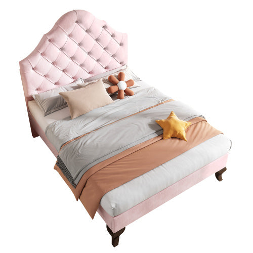 UK Local Upholstered Bed 90X190 With Slatted Frame And Headboard, Upholstered Bed With Height-adjustable Headboard, Youth Bed, Single Bed, Wooden Slat Support, Easy Assembly, Velvet, Pink