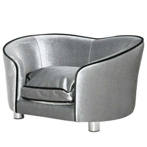 UK Local PawHut Dog Sofa Pet Chair, Kitten Bed Couch W  Wooden Frame, Removable Cushion - Silver-Tone And Grey