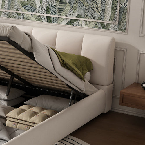UK Local Upholstered Hydraulic Bed, For Adults And Teenagers, 4ft6 Double Bed 135x190cm, Under-bed Storage Space, Soft Headboard, MDF  Velvet  Plywood, White
