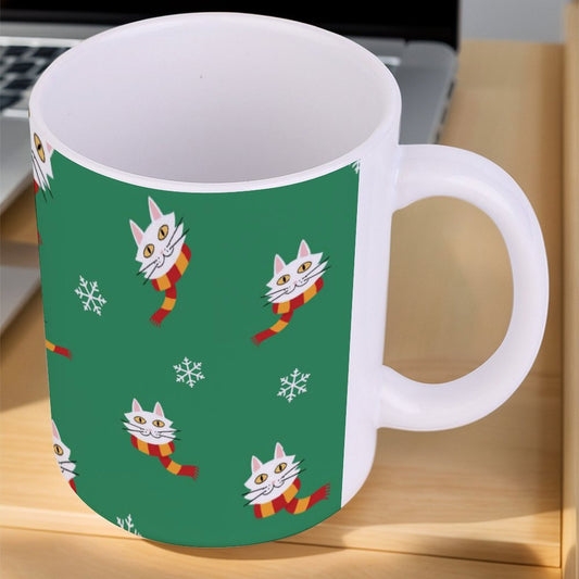 POD US Local White mug with full print, Christmas Cat Scarf Snowflake 0029
