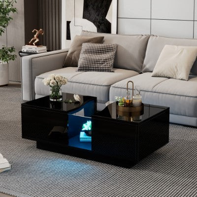 UK Local Led Coffee Table With 2 Drawer Storage, High Gloss Coffee Table For Living Room Unique Shape Centre Table With 16-Color Led Lights,End Table For Home Office Furniture, Black