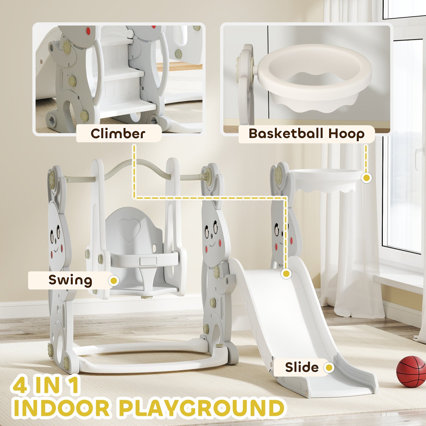 US Local 4 In 1 Toddler Slide And Swing Set With Climber, Basketball Hoop, Rabbit Themed Kids Playset For Ages 1.5-4, Gray