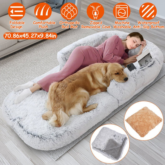 1Pc Large Foldable Human Size Dog Bed With Pillow Blanket Flurry Plush Napping Human-Sized Dog Bed Machine Washable Zipped Removable Cover For Pets Kids Adults Grey 71x45x10in