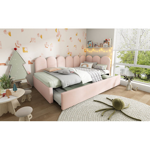 UK Local Upholstered Bed Daybed With Pull-Out Bed, 3FT Single Sofa Bed 90X190Cm,Guest Beds For Adults And Children, Bed With Metal Slatted Frame, Velvet, Pink No Mattress