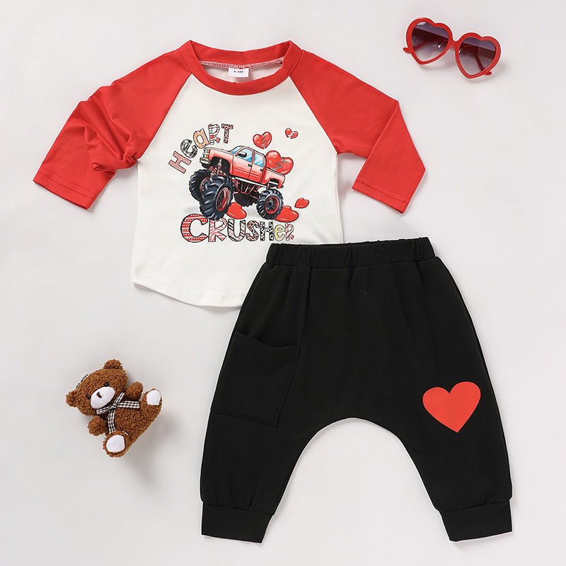 US Local 2pcs Baby Boy's 'Heart Crusher' Print Valentine's Day Set, Long Sleeve T Shirt Top & Black Heart Print Pants
