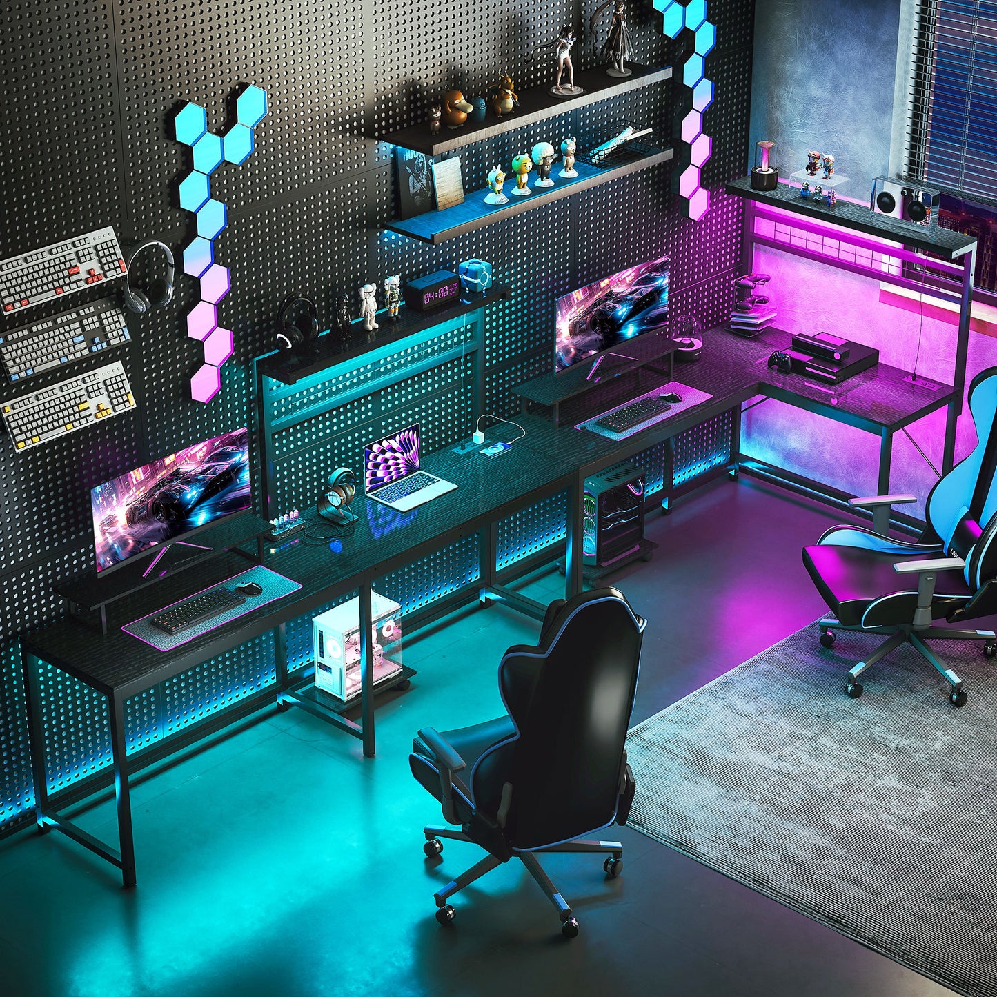 US Local 61.6 L Shaped Gaming Desk With Power Outlets & LED Lights, Computer Desk With Monitor Stand And CPU Shelf, Black