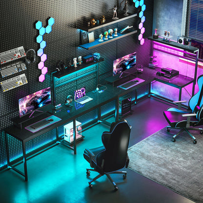 US Local 61.6 L Shaped Gaming Desk With Power Outlets & LED Lights, Computer Desk With Monitor Stand And CPU Shelf, Black