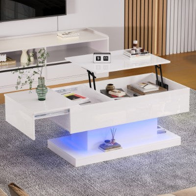 UK Local High Gloss Lift Up Top Coffee Table With Storage, Extendable Desktop Dinning Table 100 X 50 X 45 Cm, Height Adjustable Tabletop, Retractable Desk