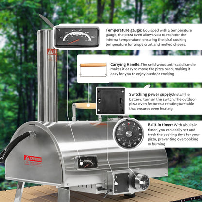 US Local Outdoor 12 Automatic Rotatable Wood Fired Pizza Oven, Stainless Steel Portable