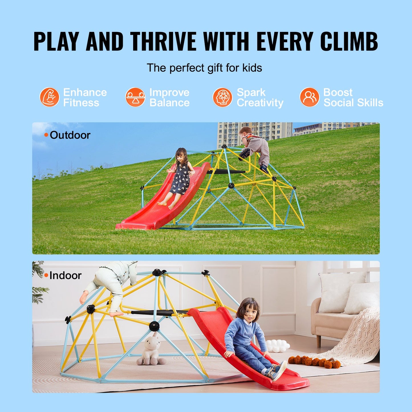 US Local Climbing Dome, For Kids 3 To 9 Years Old, 8FT Geometric Dome Climber With Slide,Jungle Gym Supports 600LBS And Easy Assembly, With Climbing Grip, Outdoor And Indoor Play Equipment For Kids
