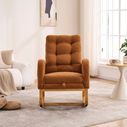 US Local LY-5104 Caramel Accent Rocking Chair With Footrest High Back Rubber Wood Rocking Legs Bedroom Living Space 26.77D X 38.36W X 39.76H Inch