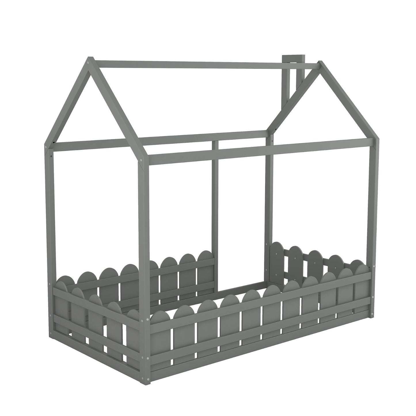 US Local Twin Size Wood House Bed Frame With Fence For Kids, Teens - No Slats