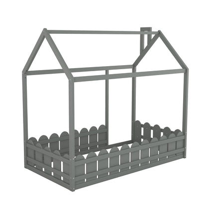 US Local Twin Size Wood House Bed Frame With Fence For Kids, Teens - No Slats