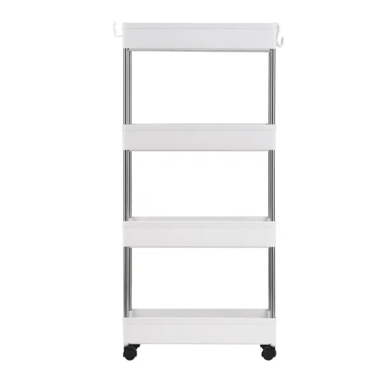 US Local 4 Tier Slim Storage Cart Mobile Shelving Unit Organizer Slide Out Storage Rolling Utility Cart Tower Rack For Kitchen Bathroom Laundry Narrow Places, Plastic & Stainless Steel, White