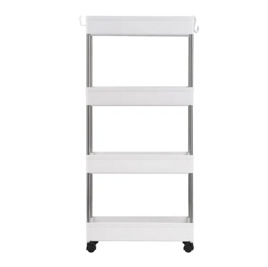 US Local 4 Tier Slim Storage Cart Mobile Shelving Unit Organizer Slide Out Storage Rolling Utility Cart Tower Rack For Kitchen Bathroom Laundry Narrow Places, Plastic & Stainless Steel, White