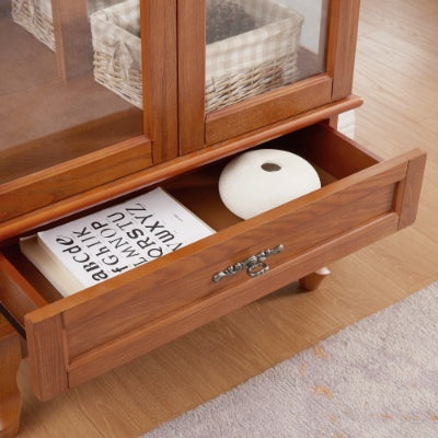 US Local Lighted Glass Cabinet Glass Wine Cabinet Curio Display Cabinet With Adjustable Glass Shelves 2 Doors And 1 Drawer Cabinet Bulb Included OAK