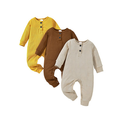 US Local 3-Pack Newborns Infants Baby Boys & Girls Long Sleeve Ribbed Romper Soft Button Front Jumpsuit
