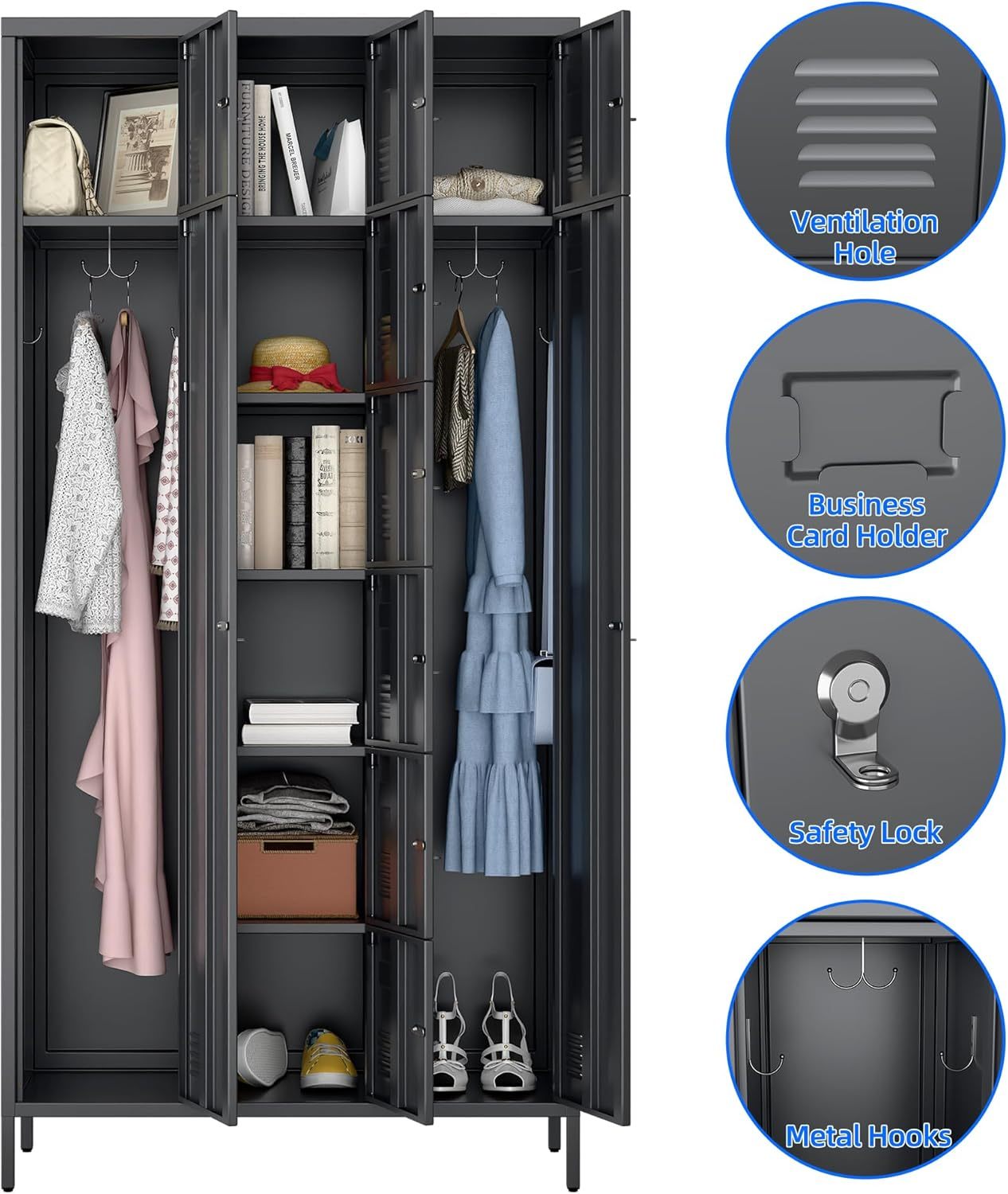 US Local Metal Lockers For Employees With 10 Doors, H Steel Lockable Storage Lockers With 6 Hooks And 10 Card Holder For Office, Home, Gym, School, Employees, Dark Grey