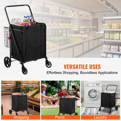 US Local VEVOR Folding Shopping Cart With Removable Waterproof Liner, 330LBS Large Capacity Jumbo Grocery Cart With Dual Basket,  Swivel Wheels, Dense Metal Mesh Base, Heavy Duty Utility Cart For Shopping
