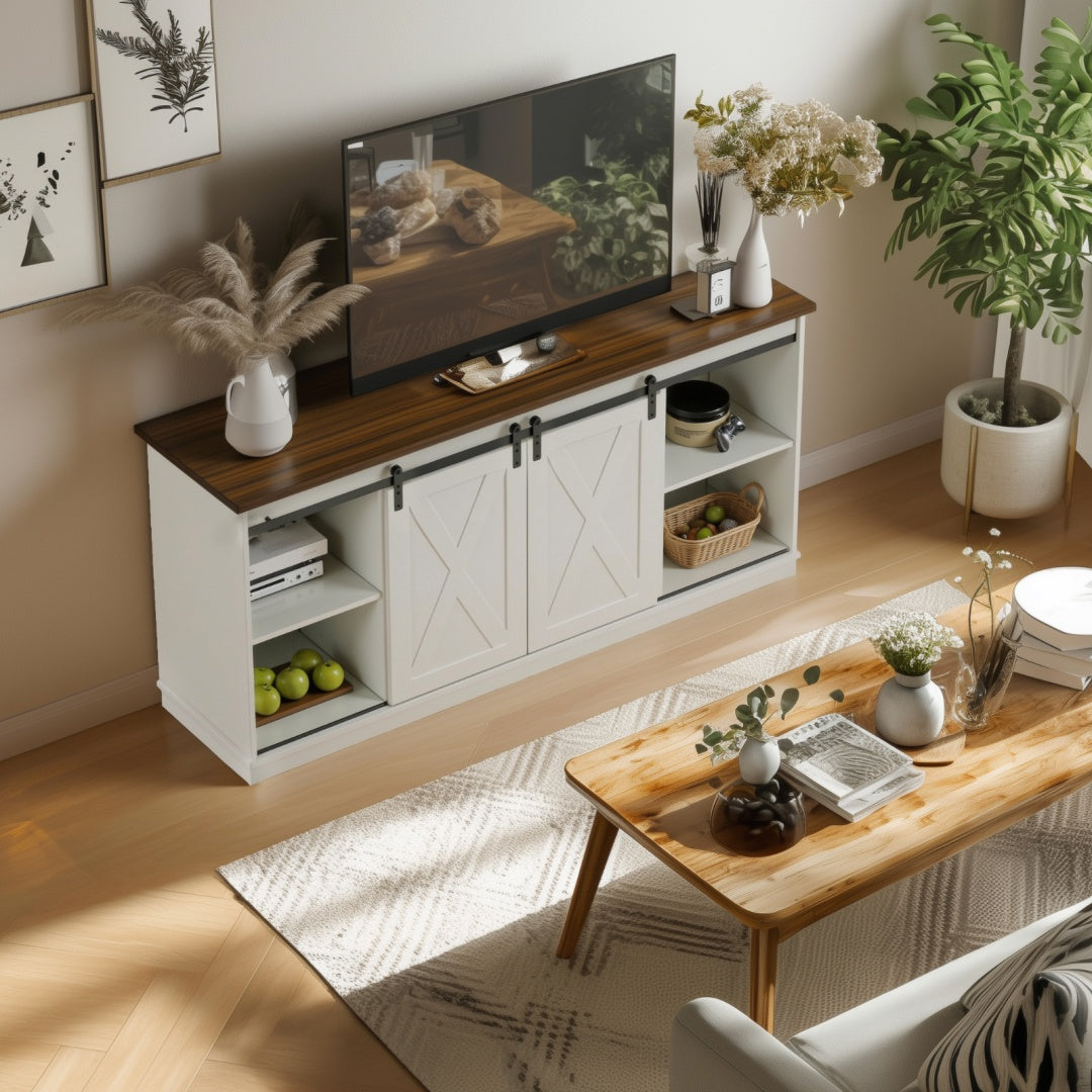 US Local 65-inch Solid Wood TV Cabinet With Double-layer Storage Space Sliding Door, Modern Living Room Furniture