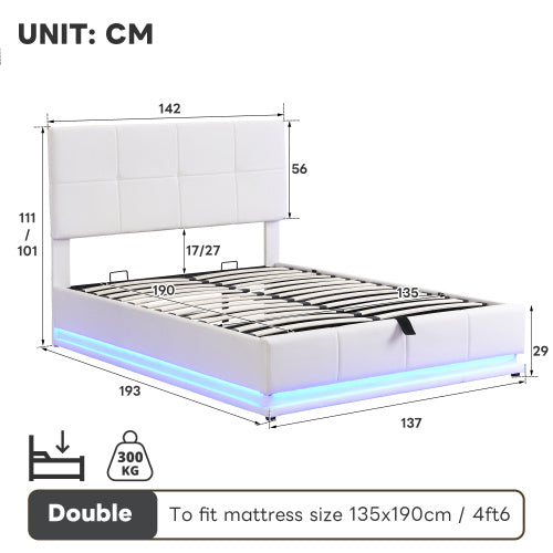 UK Local Ottoman Double Bed With LED Lighting, PU Leather Upholstered Bed With Hydraulic Storage, 4ft6 Double Bed Frame With Adjustable Square Tufted Headboard, Cream White