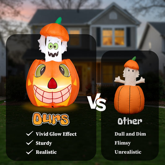 2.8 FT Halloween Inflatables Animated Pumpkin Ghost, Outdoor Decorations Blow Up Yard Decor With Built-in LEDs For Indoor Party Garden Lawn Decor
