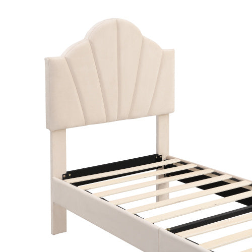 UK Local Velvet Upholstered Bed,Single Bed-3ft 90x190cm, Shell-like Bed With Golden Iron Legs, Height-adjustable Headboard, Wooden Slatted Frame