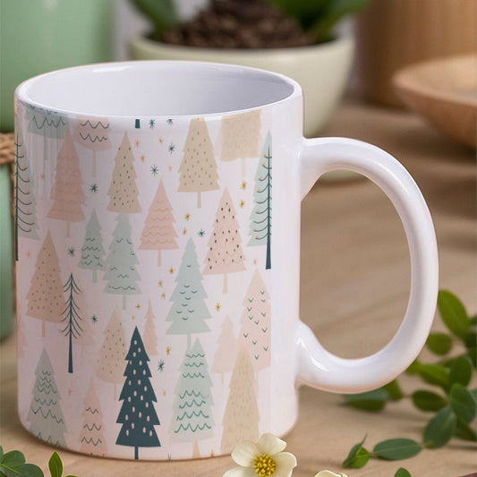 POD US Local White mug with full print, Christmas Trees, Woods, Pink 0005