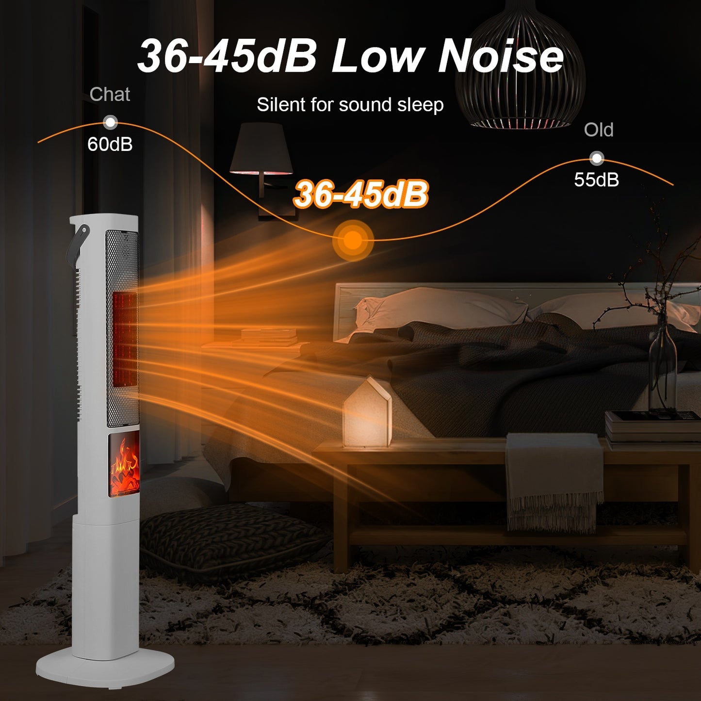 US Local 1500W Oscillating Ceramic Tower Space Heater With 3D Flame Portable Electric Heater With 3 Wind Modes Remote Control 5 Timer Overheat Tip-Over Protection For Bedroom Office