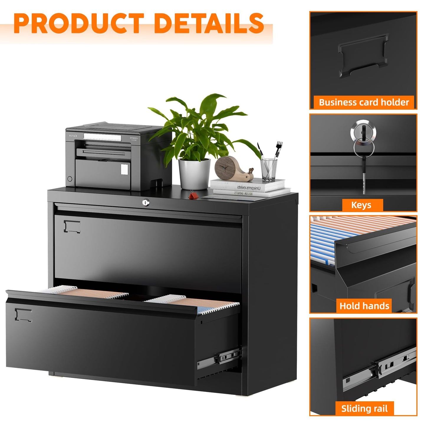 US Local Metal Lateral Filing Cabinet With 2 Drawers For Home Office, Locking Steel Wide File Storage Cabinet For Hanging Legal,Letter A4 Size, Assembly Required, Black