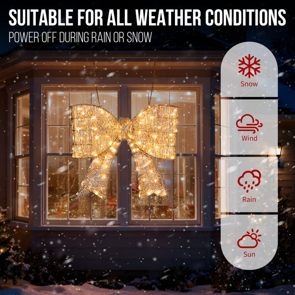 US Local Pre-lit Outdoor Giant Bowknot Christmas Decoration, Lighted Metal Frame With 124 Warm White LED Lights, For Front Door Gate Wall Indoor Outdoor Holiday Party, Golden