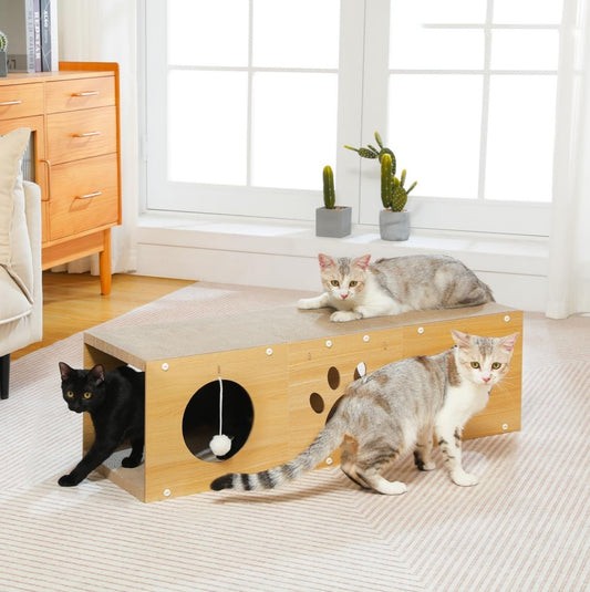 US Local MUlti-Hole Fun Cat Tunnel With Scratching Board And Game Pom Pom Cat Tunnel House, Interactive Cat Scratching House, Self-improvement Drilling Hole Teaser, Must-have For Multi-Cat Families