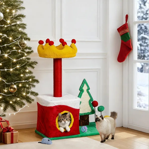 US Local 29.5in Christmas Themed Plush Cat Tree, Multi-level Cat Tower With Cat Condo, Top Crown Perch, Sisal Scratching Posts, Cat Pet Activity Center For Indoor Cats