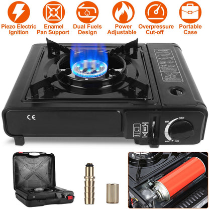 US Local 1 Pc 3300W Portable Camping Stove Butane Canister Dual Fuel Burner Piezo Electric Ignition Single Burner With Automatic Tank Ejection Overpressure Cut Off Carry Case For Camping Hiking Picnic Fishing B
