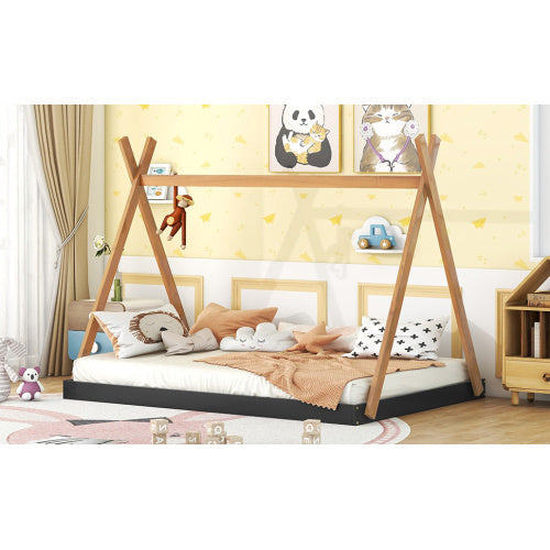 US Local Full Size Tent Floor Bed With Triangle Structure, Black Brown