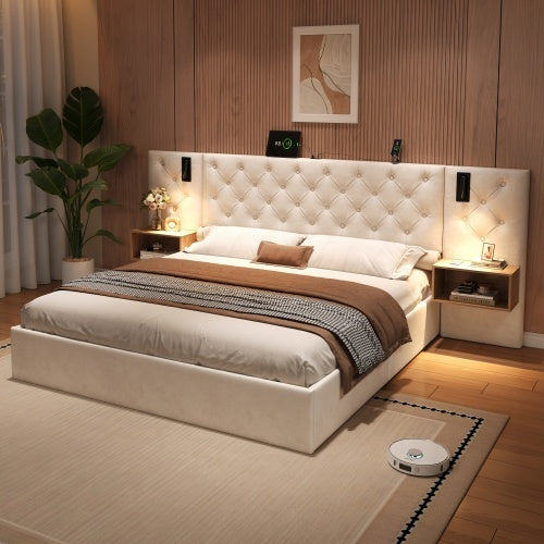 UK Local King Upholstered Bed With Charging Station, Velvet Hydraulic Storage Bed With Reading Light, 5ft King Bed Frame With Handmade Button Tufted Wide Headboard And Bedside Storage, Beige
