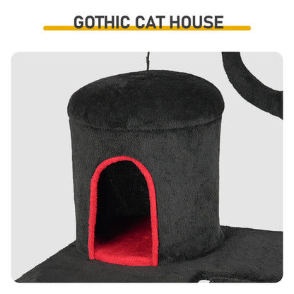 US Local Gothic Cat Tree, Halloween Cat Tower Cat Tree With Spacious Cat Condo, Brach Shaped Scratching Post, Scratching Ladder, Spider Toy For Indoor Cats, Red & Black