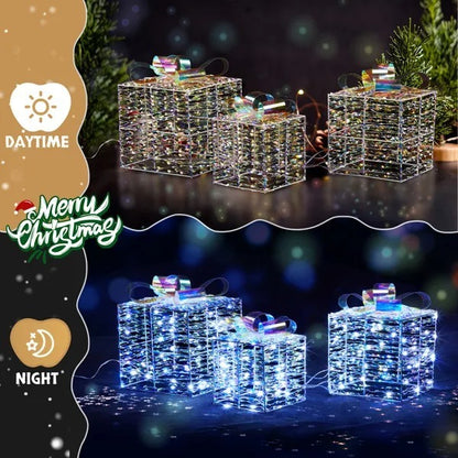 Lighted Iridescent Gift Boxes Set Of 3, Pre-lit Nestable Present Boxes Ornament With 140 LED Warm White Lights And Stakes For Christmas Outdoor Indoor Decor Lighted Holiday Displays
