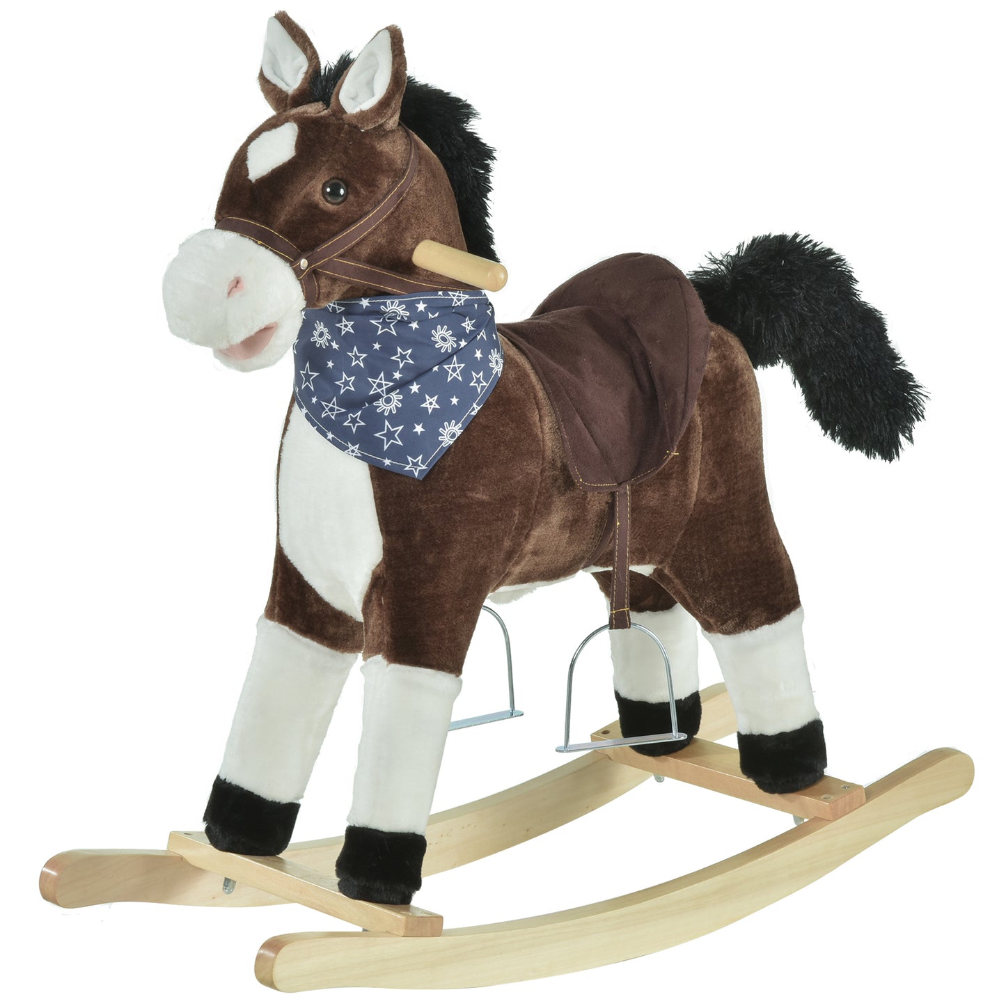 US Local Plush Cowboy Rocking Horse, Wooden Ride-On With Realistic Sounds, Wild West Fun, Brown, For 3-6 Years