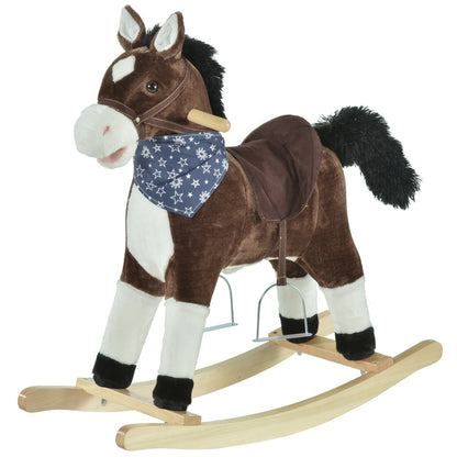 US Local Plush Cowboy Rocking Horse, Wooden Ride-On With Realistic Sounds, Wild West Fun, Brown, For 3-6 Years