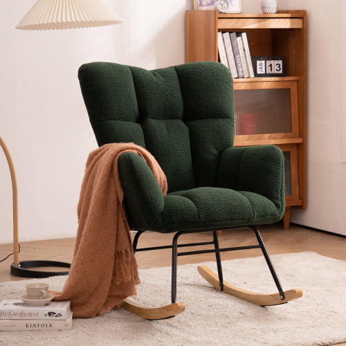 UK Local New Modern Teddy Fabric Tufted Upholstered Rocking Chair With Pull-out Footrest