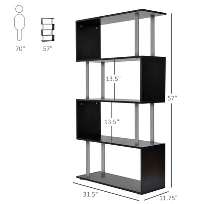 US Local 5-Tier Bookcase S-Shaped Wooden Storage Shelf Modern Decorative For Home And Office Black