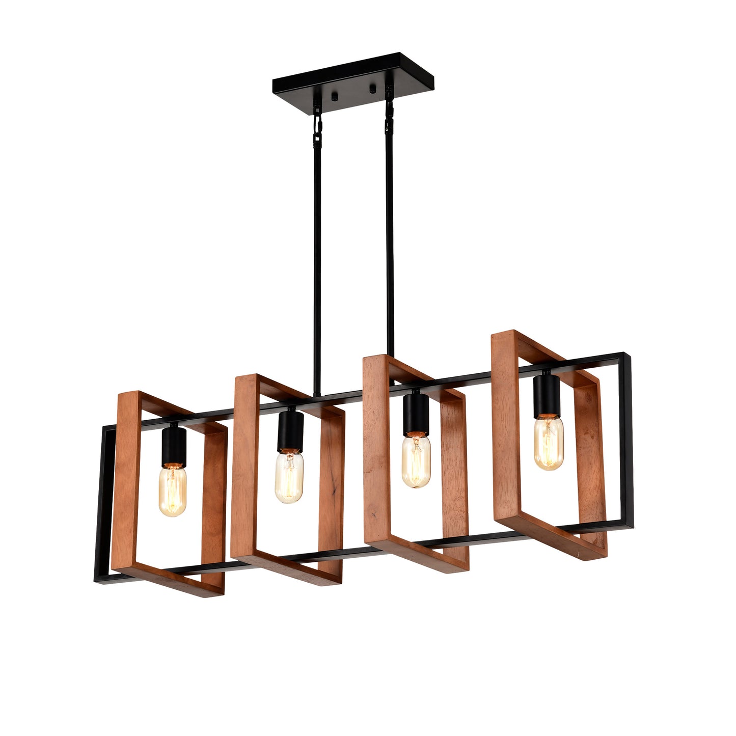 US Local 4-Light Kitchen Island Lights Pendant Light Farmhouse Dining Room Light Fixture, Rustic Wood And Black Metal Rectangular Chandelier, Hanging Lighting For Living Room,Conference Room, Home Office