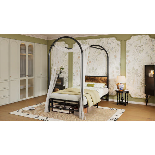 UK Local Metal Bed, 3FT Single Bed 90x190cm, Durable And Sturdy, Canopy Twin Bed, Iron Bed For Adults  Teenagers, Blackwood Color Bed Frame Only, Drape Not Included