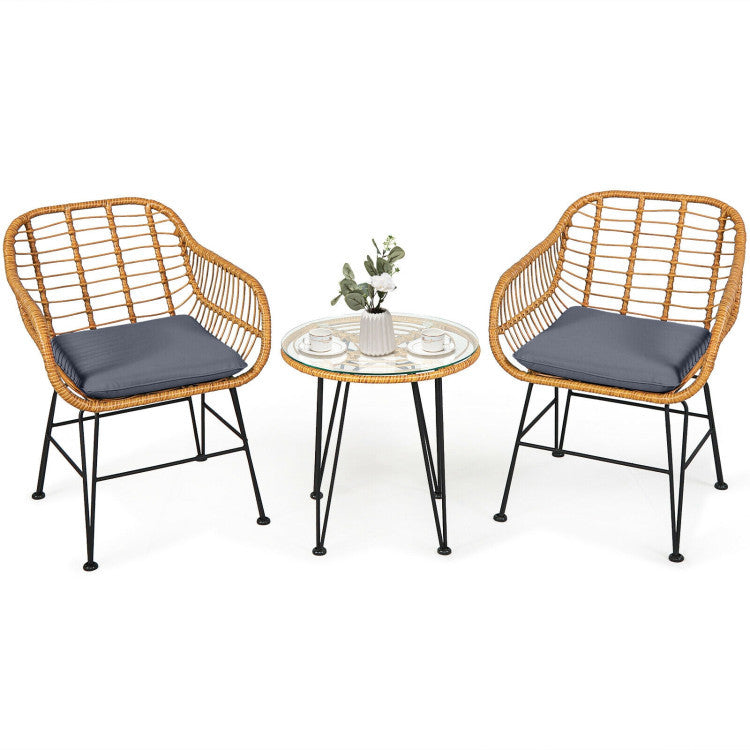 US Local 3 Pieces Rattan Furniture Set With Cushioned Chair Table