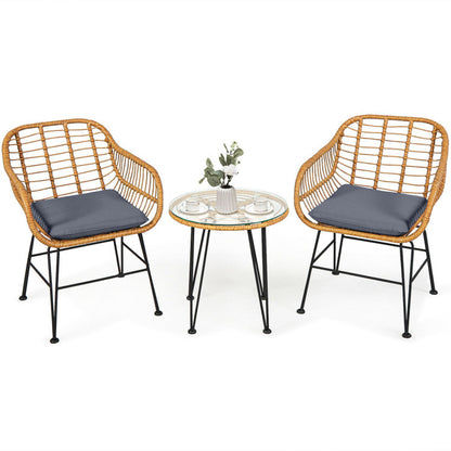 US Local 3 Pieces Rattan Furniture Set With Cushioned Chair Table