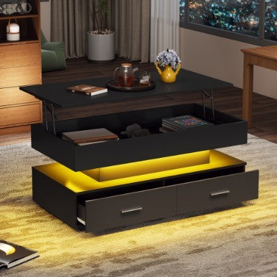 UK Local Hydraulic Lift Top Coffee Table, LED Coffee Tables With Storage For Living Room, Coffee Table With 2 Drawers & LED Light For Dining Reception Room, Black