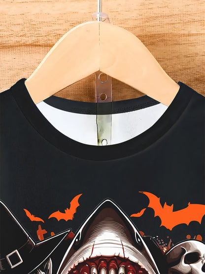 Men's Casual Polyester Round Neck T-shirt With 3D Shark And Halloween Pumpkin Patterns, Fitted Knit Fabric, Slightly Elastic